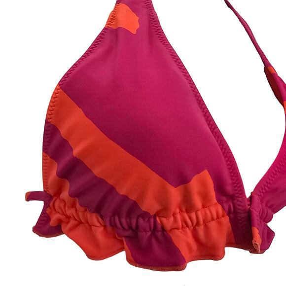 Sanctuary Swim Womans size S Triangle Bikini Top Stripe Pink & Orange Halter NEW - Picture 2 of 6